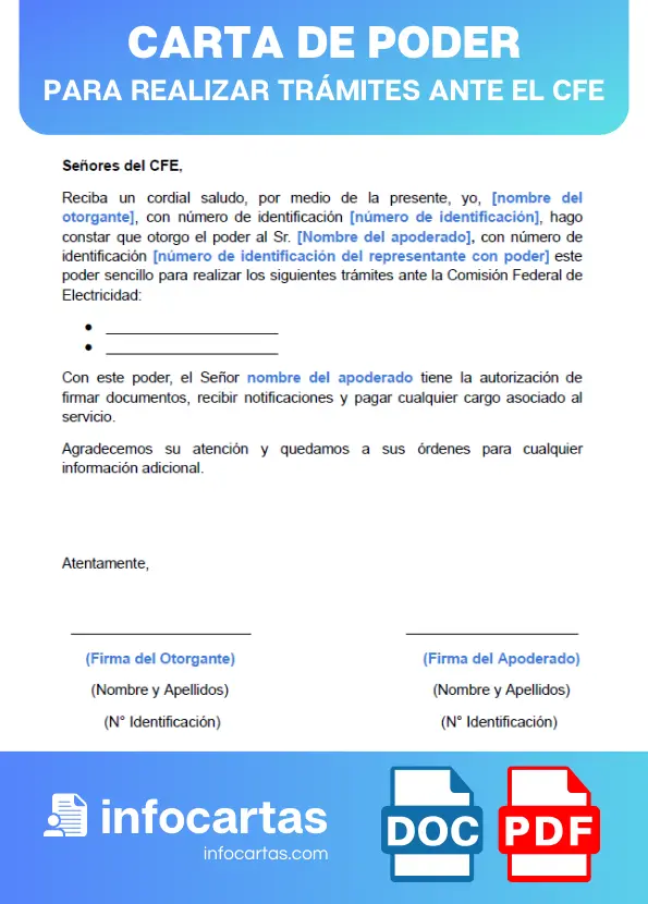 ejemplo de carta de poder para realizar trámites ante el CFE