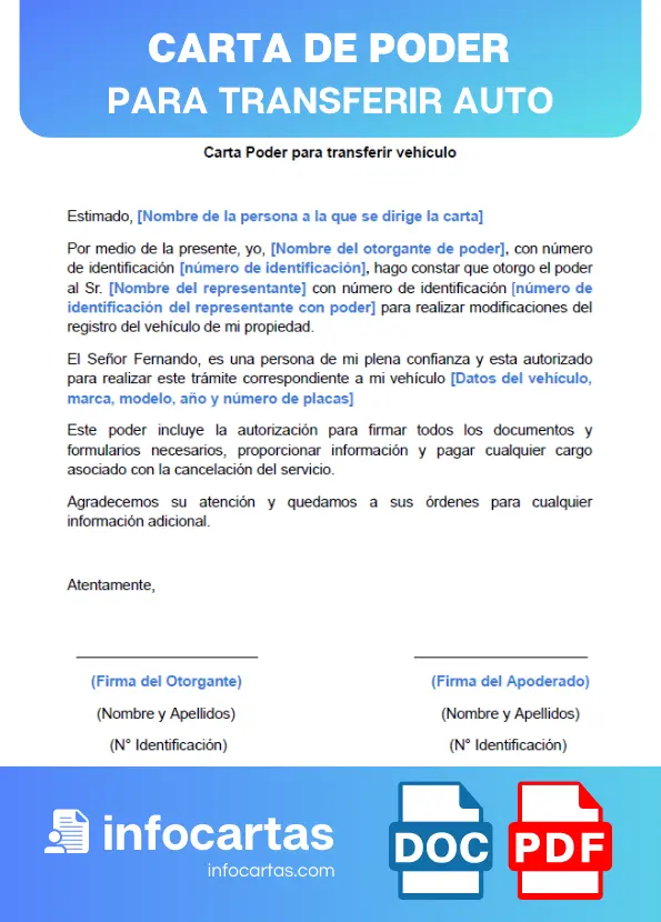 ejemplo de carta de poder para transferir auto