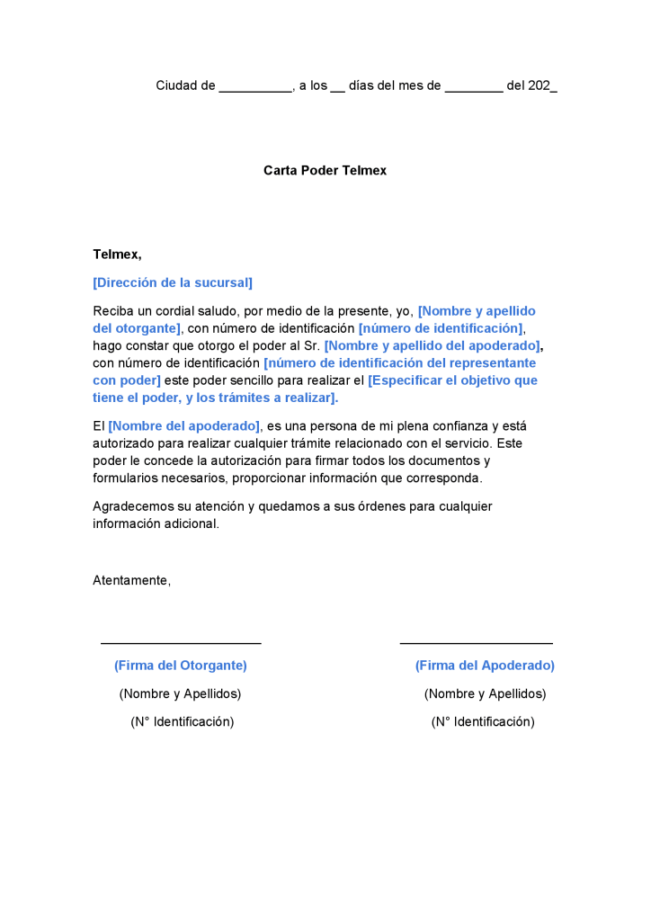 modelo de carta Poder Telmex en word