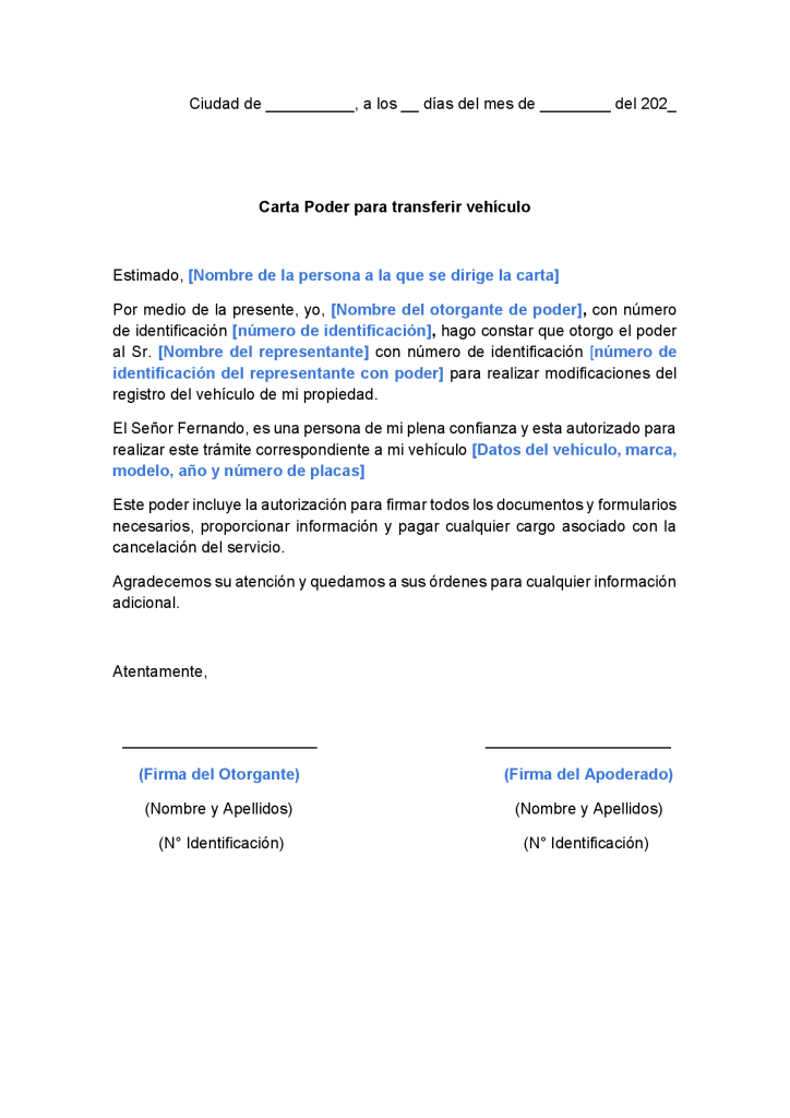 modelo de carta de poder para transferir auto en word